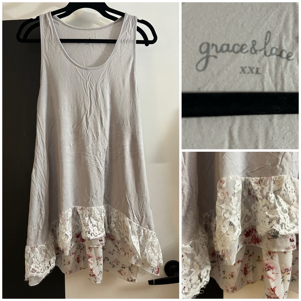 Grace & Lace XXL Layering Tank Tunic Grey Lace & Floral Detail Top Extender